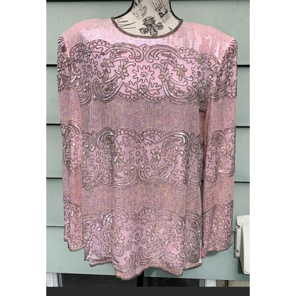 Vintage Talbots Joan Leslie Pink 100% Silk heavily beaded long sleeve blouse